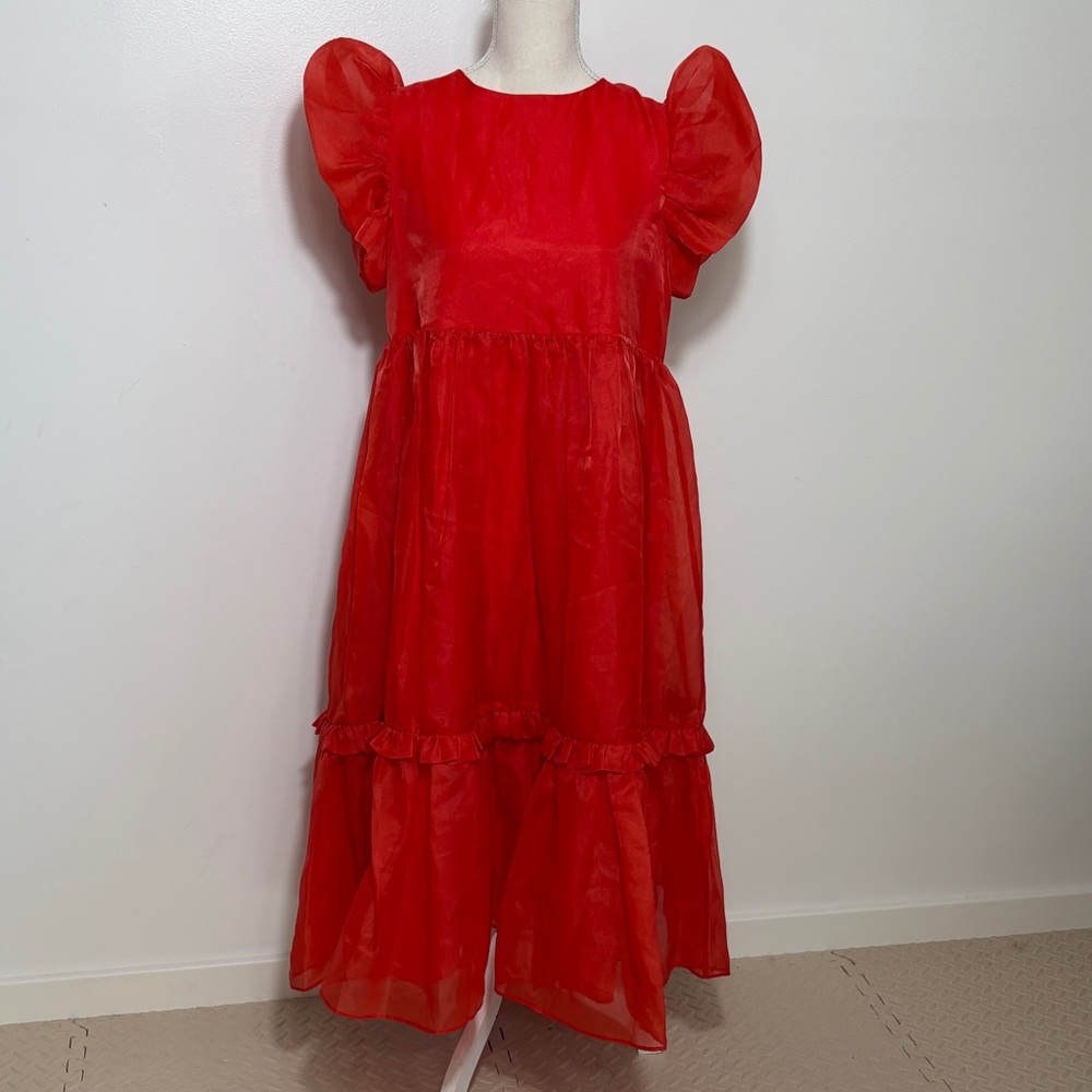 Selkie Red Puff Sleeve Midi Dress